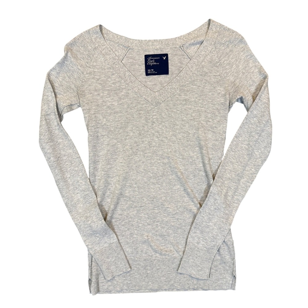 American Eagle V-Neck Sweater Womens XS Gray Knit Vintage 2010 Preppy Slim Fit